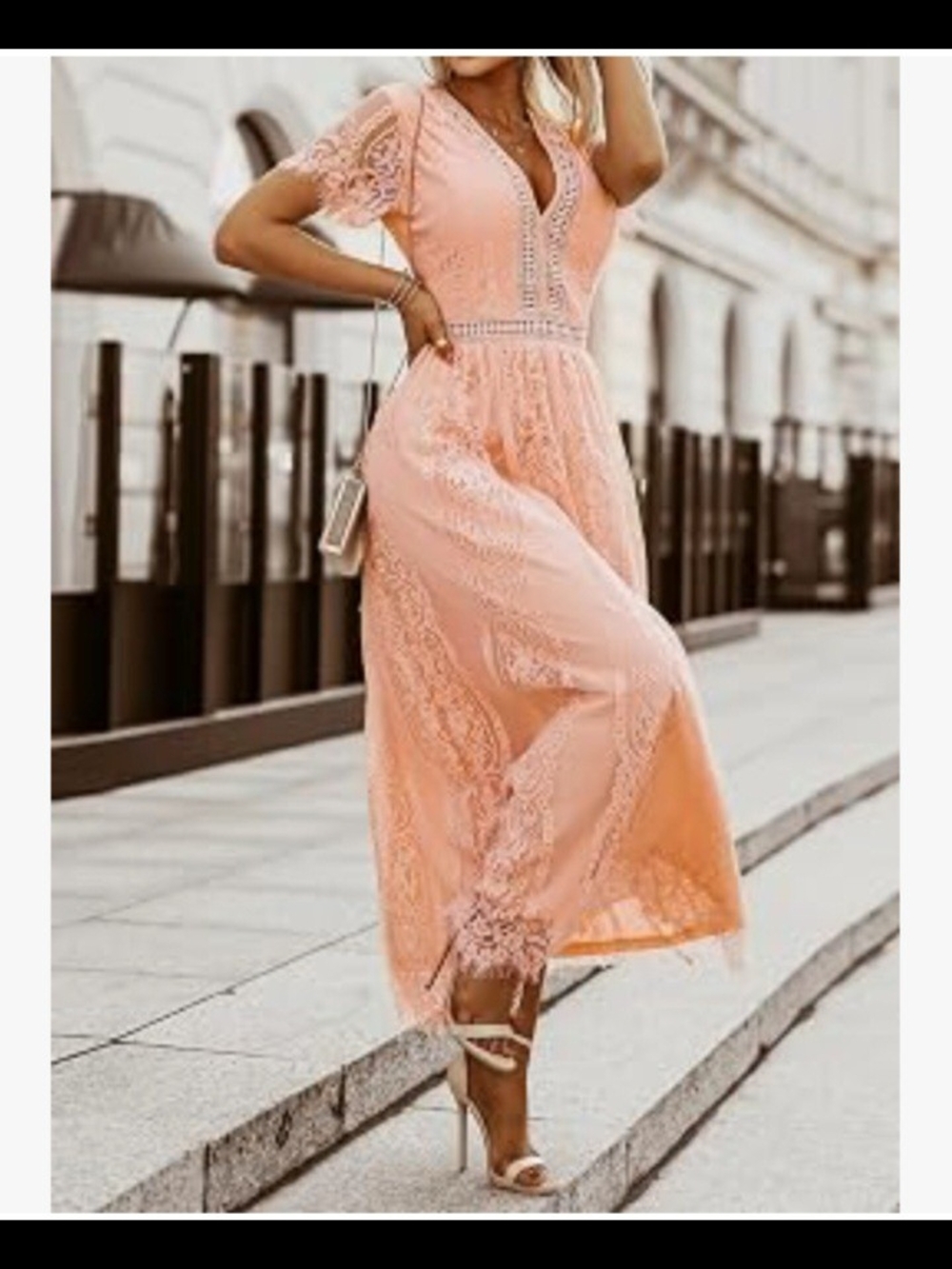 Peach Blush Lace Maxi Dress with Crochet Trim - Picture 4 of 6
